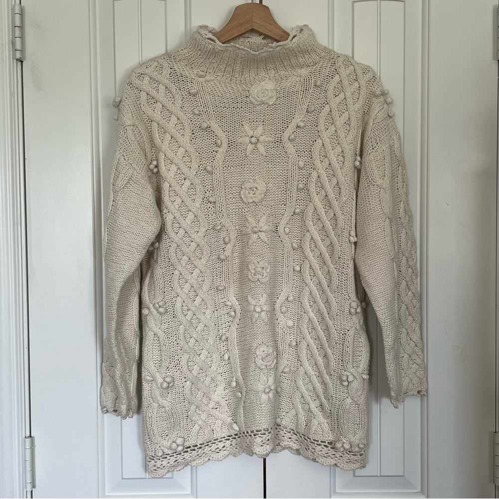 Vintage Cottagecore Sweater Crystal Kobe Knit White Floral Mock Neck Large